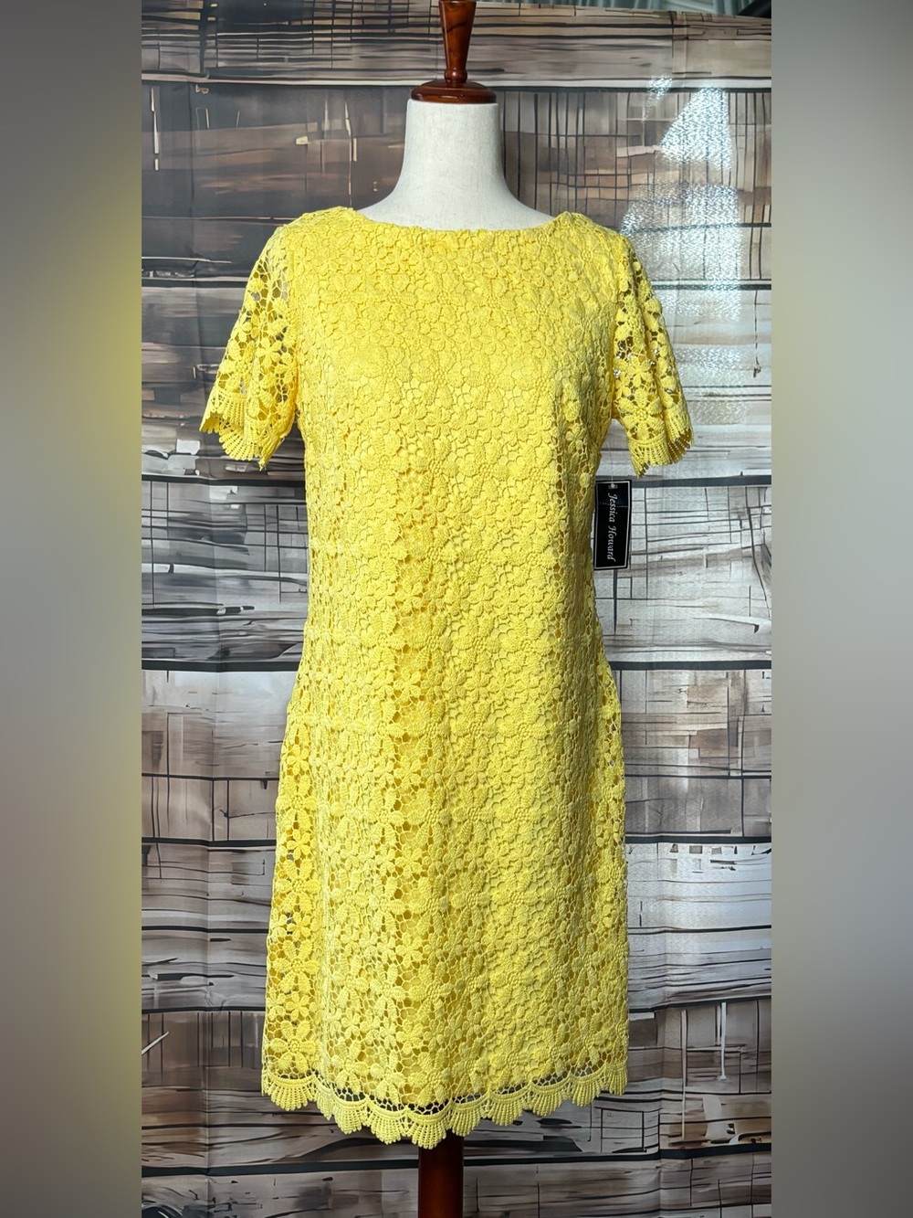 Jessica Howard NWT Yellow Floral Lace Short Sleeve Sheath Dress 8